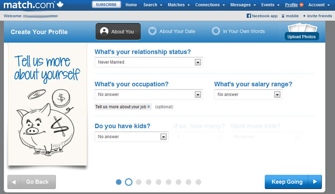 Match.com - Job, salary, kids
