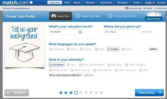 Match.com - Education, languages, ethnicity