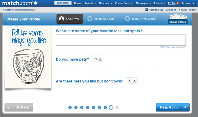 Match.com profile: Local hot spots; pets