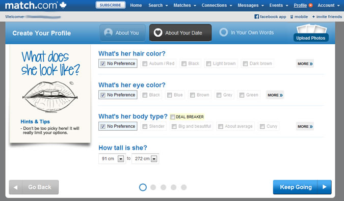 Match.com - Physical characteristics of perfect match