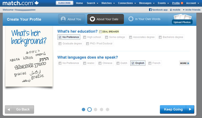 Match.com - Potential date - education and languages spoken