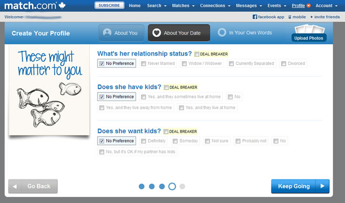 Match.com - About your date: relationship status, kids, etc.