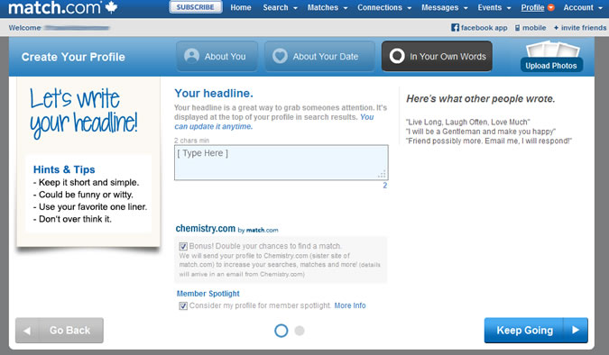 Match.com - Profile headline