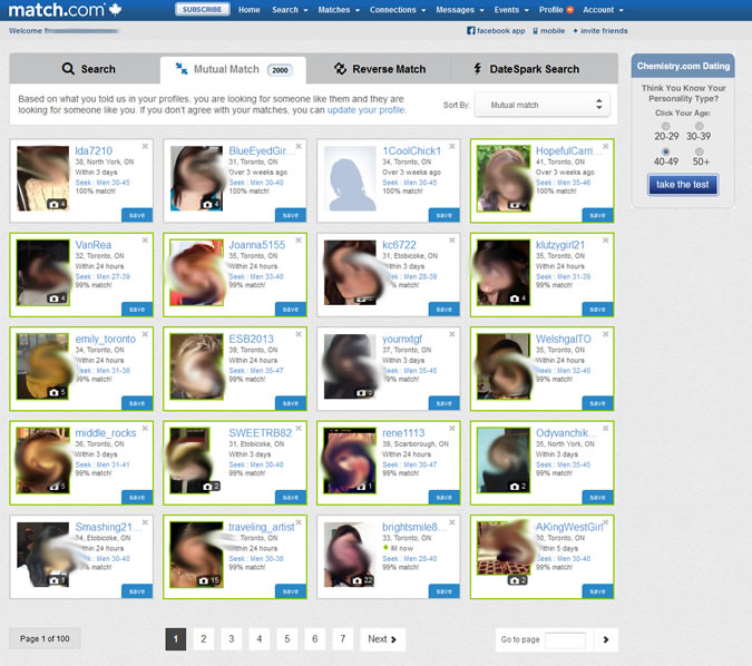 Match.com - Mutual match search results