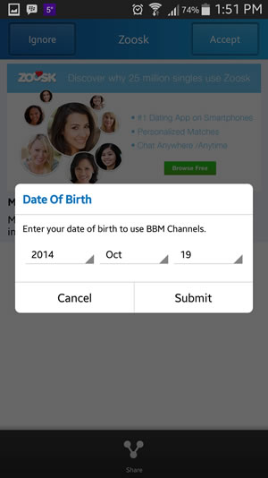 Age verification for Zoosk BBM ad
